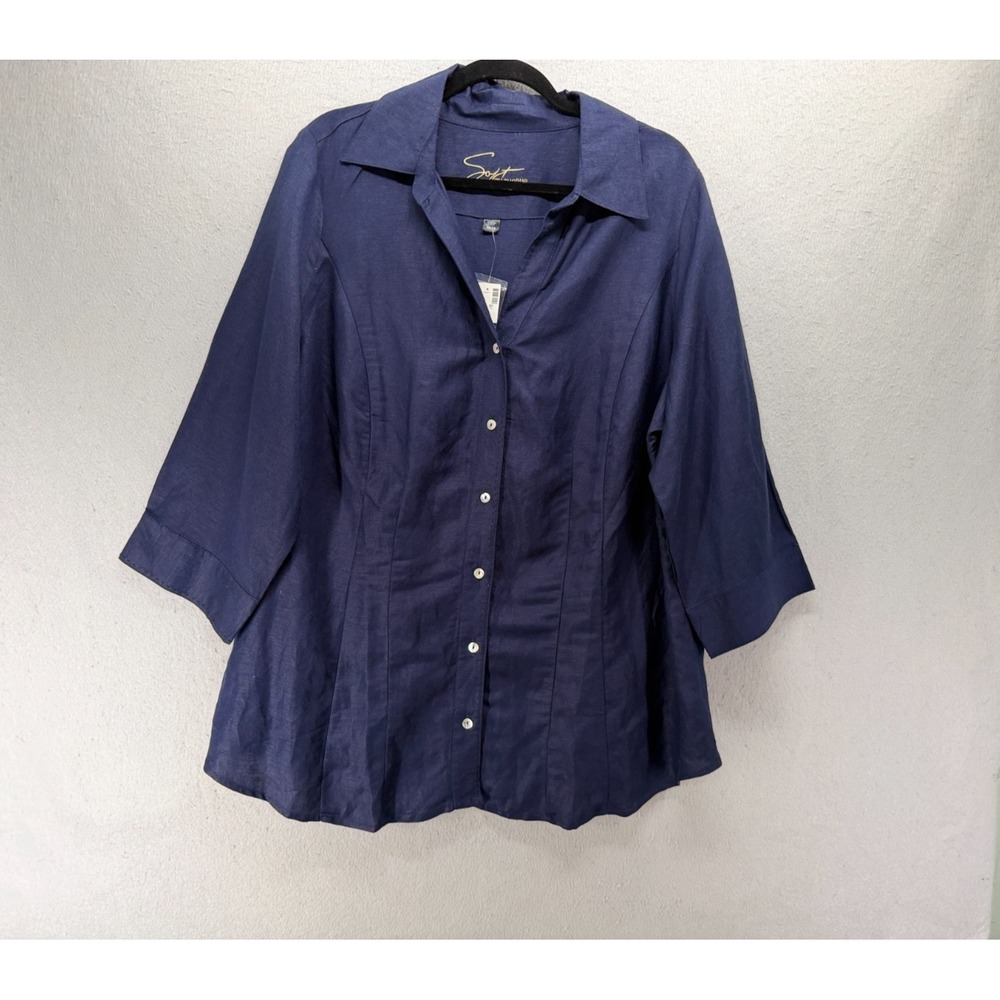 Soft by Avenue Linen Blend Shirt Womens 22/24 Navy Button Up Coastal Neutral NWT